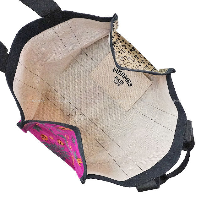 HERMES tote bag Beach Bag Cabas De Plage leopard Navy/Fuchsia Canvas Silver HW[EXCELLENT][Authentic]