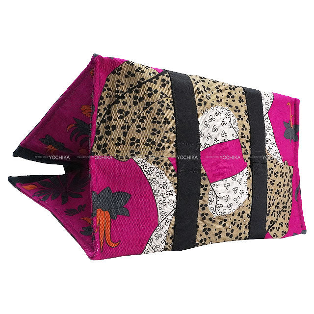 HERMES tote bag Beach Bag Cabas De Plage leopard Navy/Fuchsia Canvas Silver HW[EXCELLENT][Authentic]