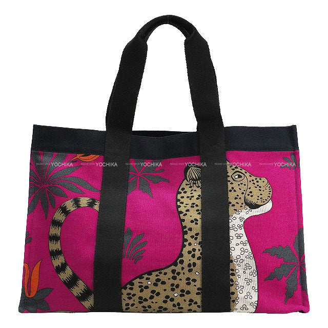 HERMES tote bag Beach Bag Cabas De Plage leopard Navy/Fuchsia Canvas Silver HW[EXCELLENT][Authentic]