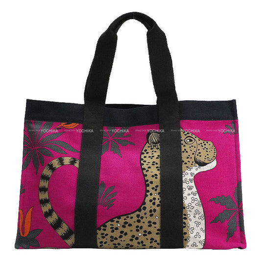 HERMES tote bag Beach Bag Cabas De Plage leopard Navy/Fuchsia Canvas Silver HW[EXCELLENT][Authentic]