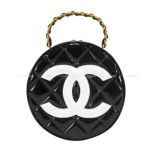 [Pre-loved] CHANEL Handbag Vintage Coco Mark Round Chain Vanity Noir (Black)/Blanc (White) Patent Enamel Leather Gold HW[USED SA][Authentic]