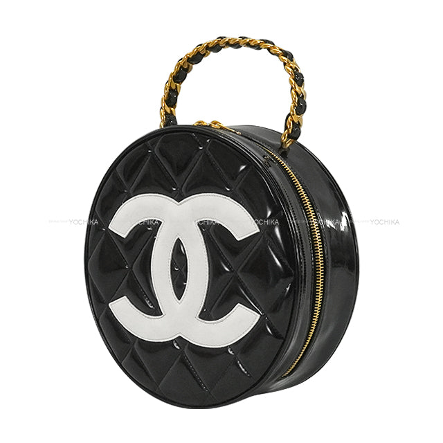[Pre-loved] CHANEL Handbag Vintage Coco Mark Round Chain Vanity Noir (Black)/Blanc (White) Patent Enamel Leather Gold HW[USED SA][Authentic]