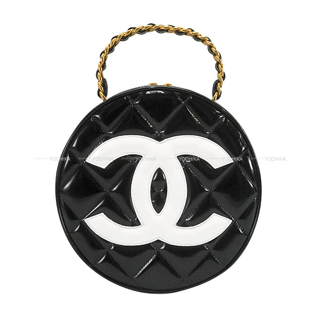 [Pre-loved] CHANEL Handbag Vintage Coco Mark Round Chain Vanity Noir (Black)/Blanc (White) Patent Enamel Leather Gold HW[USED SA][Authentic]