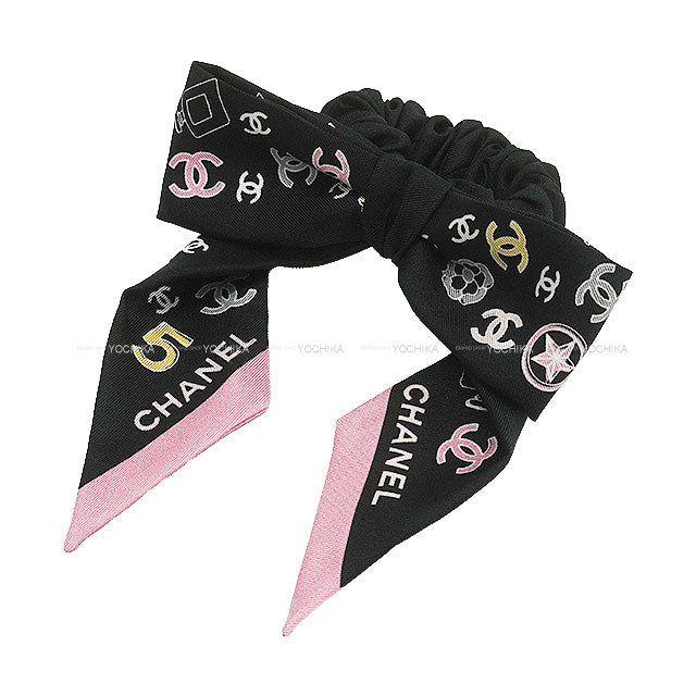 2025 SS CHANEL hair accessories Ribbon Chouchou Coco Mark Motif Noir (Black)/Pink Silk AAA927[BRAND NEW][Authentic]