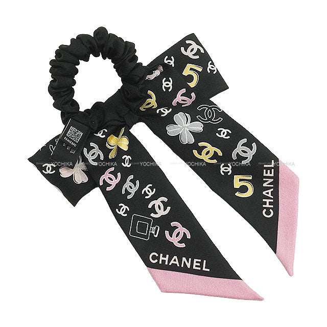 2025 SS CHANEL hair accessories Ribbon Chouchou Coco Mark Motif Noir (Black)/Pink Silk AAA927[BRAND NEW][Authentic]