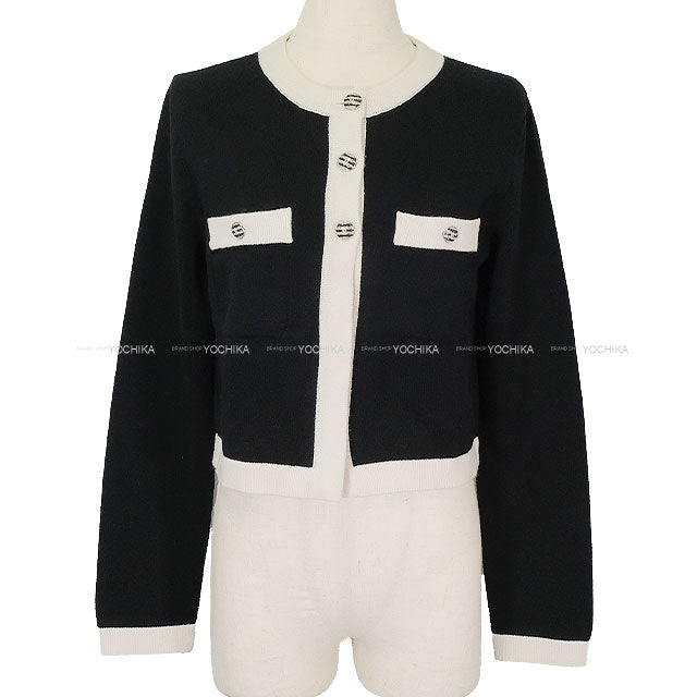 2024 Cruise CHANEL Cardigan Border COCO Button Bicolor Noir (Black)/Blanc (White) Cashmere #36 Silver HW P76462[EXCELLENT][Authentic]