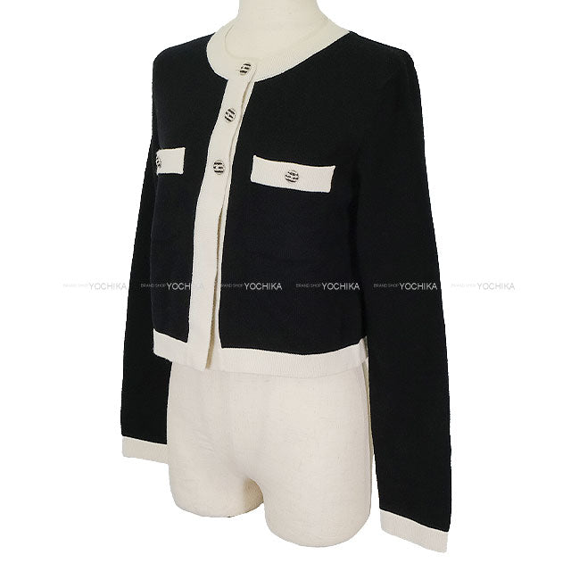 2024 Cruise CHANEL Cardigan Border COCO Button Bicolor Noir (Black)/Blanc (White) Cashmere #36 Silver HW P76462[EXCELLENT][Authentic]