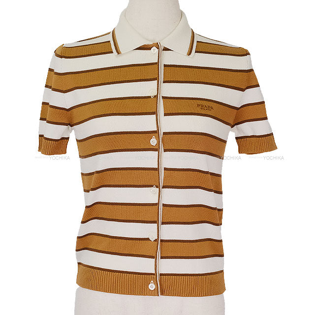 PRADA Cardigan Stripe Short Sleeve Camel/Beige Cotton #36 P25N62[BRAND NEW][Authentic]