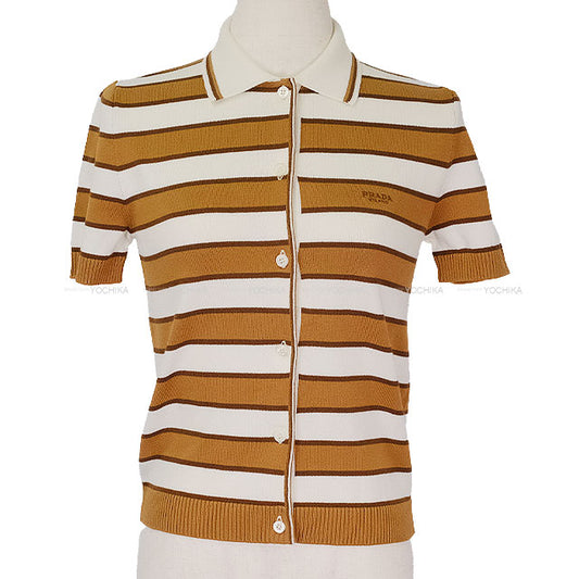 PRADA Cardigan Stripe Short Sleeve Camel/Beige Cotton #36 P25N62[BRAND NEW][Authentic]