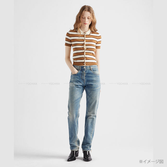 PRADA Cardigan Stripe Short Sleeve Camel/Beige Cotton #36 P25N62[BRAND NEW][Authentic]