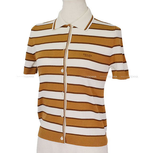 PRADA Cardigan Stripe Short SleeveCamel/Beige Cotton #36 P25N62[BRAND NEW][Authentic]