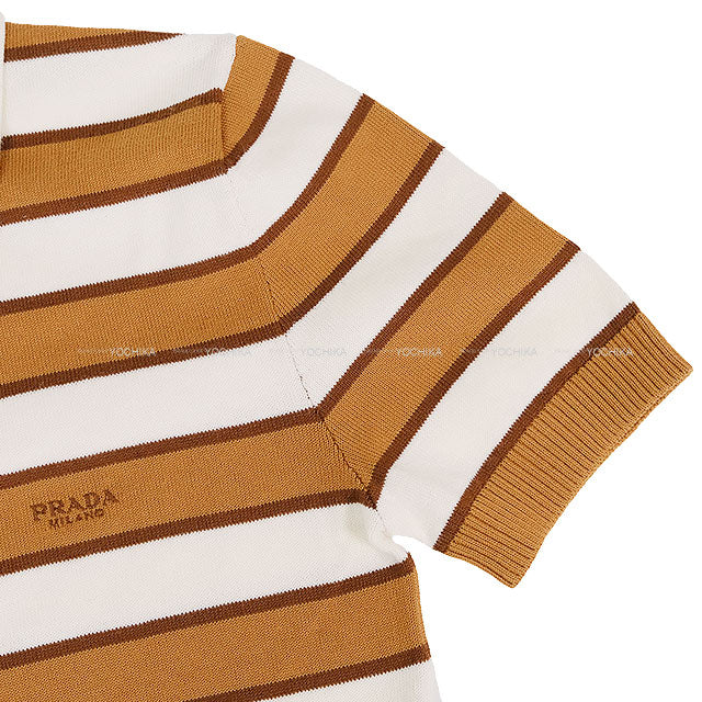 PRADA Cardigan Stripe Short Sleeve Camel/Beige Cotton #36 P25N62[BRAND NEW][Authentic]