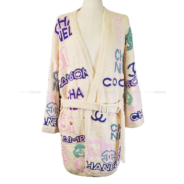 [Pre-loved] 2023AW CHANEL Cardigan Knit Gown with Belt Coco Mark Icon Logo Ecru/Pink/Multicolor Cotton/polyamide/linen 36 P74736[LIKE NEW][Authentic]