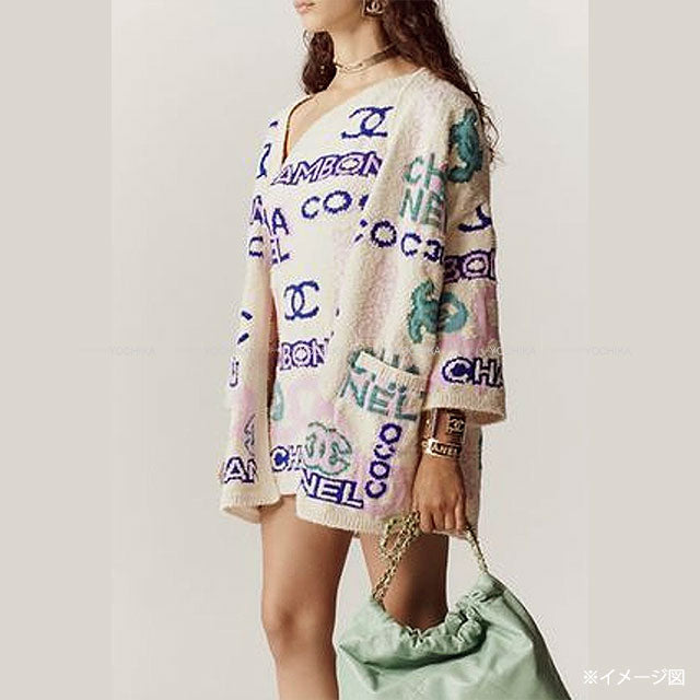 [Pre-loved] 2023AW CHANEL Cardigan Knit Gown with Belt Coco Mark Icon Logo Ecru/Pink/Multicolor Cotton/polyamide/linen 36 P74736[LIKE NEW][Authentic]