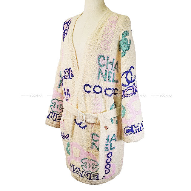 [Pre-loved] 2023AW CHANEL Cardigan Knit Gown with Belt Coco Mark Icon Logo Ecru/Pink/Multicolor Cotton/polyamide/linen 36 P74736[LIKE NEW][Authentic]