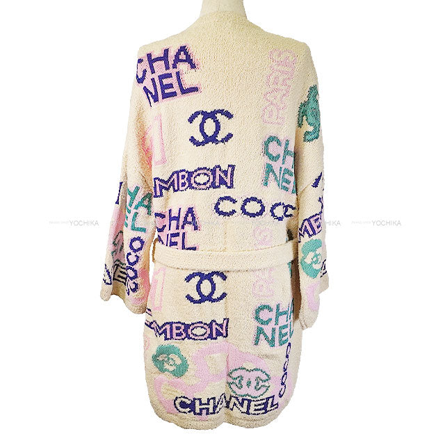 [Pre-loved] 2023AW CHANEL Cardigan Knit Gown with Belt Coco Mark Icon Logo Ecru/Pink/Multicolor Cotton/polyamide/linen 36 P74736[LIKE NEW][Authentic]