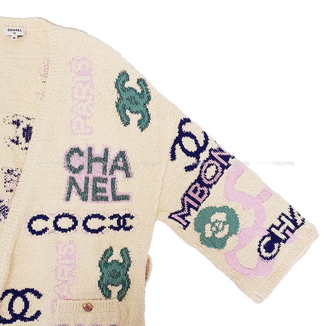 [Pre-loved] 2023AW CHANEL Cardigan Knit Gown with Belt Coco Mark Icon Logo Ecru/Pink/Multicolor Cotton/polyamide/linen 36 P74736[LIKE NEW][Authentic]