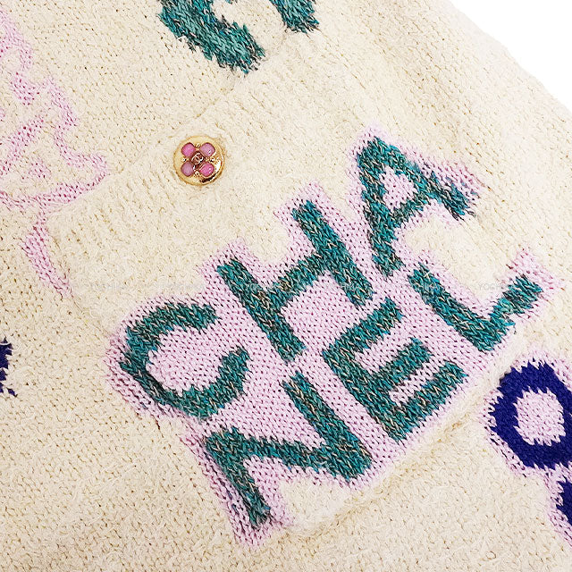 [Pre-loved] 2023AW CHANEL Cardigan Knit Gown with Belt Coco Mark Icon Logo Ecru/Pink/Multicolor Cotton/polyamide/linen 36 P74736[LIKE NEW][Authentic]