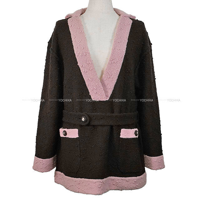 2024AW CHANEL Sweater Long Sleeve Knit V-Neck Bicolor Lion Button Tweed Belt Brown/Light pink Wool 42 P78382[EXCELLENT][Authentic]
