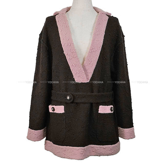 2024AW CHANEL Sweater Long Sleeve Knit V-Neck Bicolor Lion Button Tweed Belt Brown/Light pink Wool 42 P78382[EXCELLENT][Authentic]