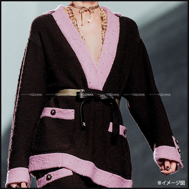2024AW CHANEL Sweater Long Sleeve Knit V-Neck Bicolor Lion Button Tweed Belt Brown/Light pink Wool 42 P78382[EXCELLENT][Authentic]