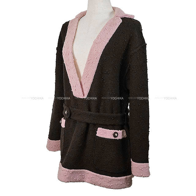 2024AW CHANEL Sweater Long Sleeve Knit V-Neck Bicolor Lion Button Tweed Belt Brown/Light pink Wool 42 P78382[EXCELLENT][Authentic]