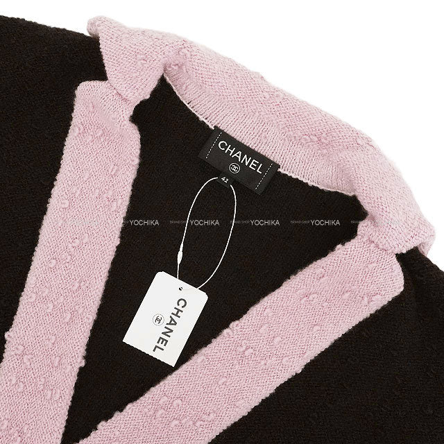 2024AW CHANEL Sweater Long Sleeve Knit V-Neck Bicolor Lion Button Tweed Belt Brown/Light pink Wool 42 P78382[EXCELLENT][Authentic]