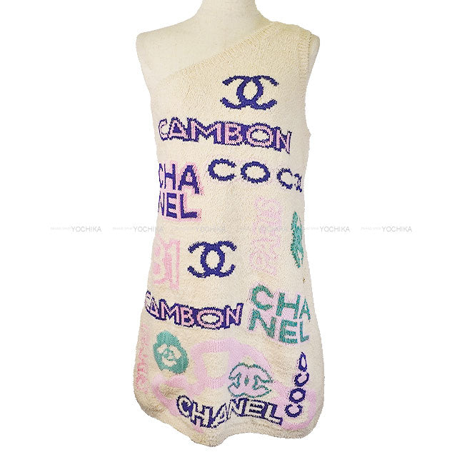 [Pre-loved] CHANEL One‐piece dress Knit mini one shoulder Coco Icon logo Ecru/pink/multicolor Cotton/Polyamide/Linen 38 P74737[LIKE NEW][Authentic]