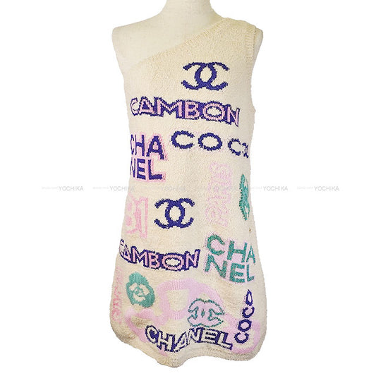 [Pre-loved] CHANEL One‐piece dress Knit mini one shoulder Coco Icon logo Ecru/pink/multicolor Cotton/Polyamide/Linen 38 P74737[LIKE NEW][Authentic]