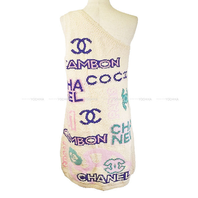 [Pre-loved] CHANEL One‐piece dress Knit mini one shoulder Coco Icon logo Ecru/pink/multicolor Cotton/Polyamide/Linen 38 P74737[LIKE NEW][Authentic]