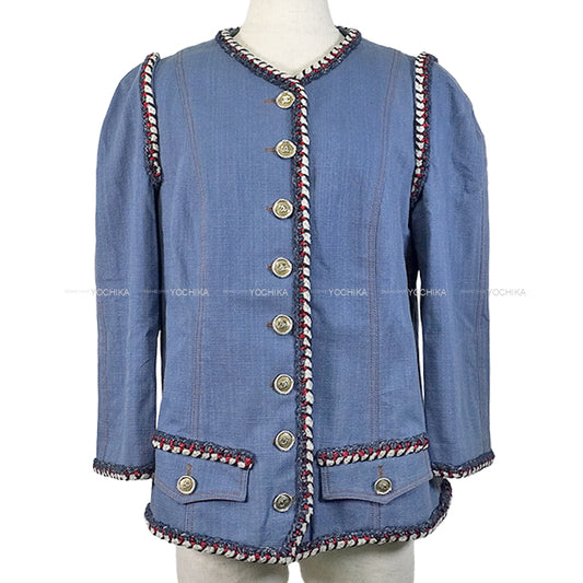 [Pre-loved] CHANEL Plainly colored jacket Denim with Coco Mark buttons and tricolor tweed Blue/Multi color Denim/Cotton 42 P45011[LIKE NEW][Authentic]
