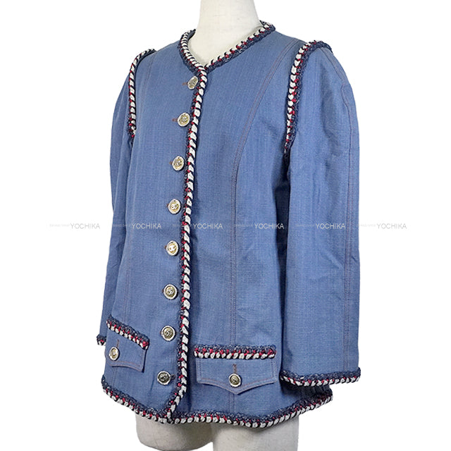 [Pre-loved] CHANEL Plainly colored jacket Denim with Coco Mark buttons and tricolor tweed Blue/Multi color Denim/Cotton 42 P45011[LIKE NEW][Authentic]