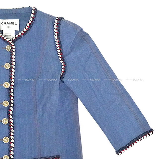 [Pre-loved] CHANEL Plainly colored jacket Denim with Coco Mark buttons and tricolor tweed Blue/Multi color Denim/Cotton 42 P45011[LIKE NEW][Authentic]