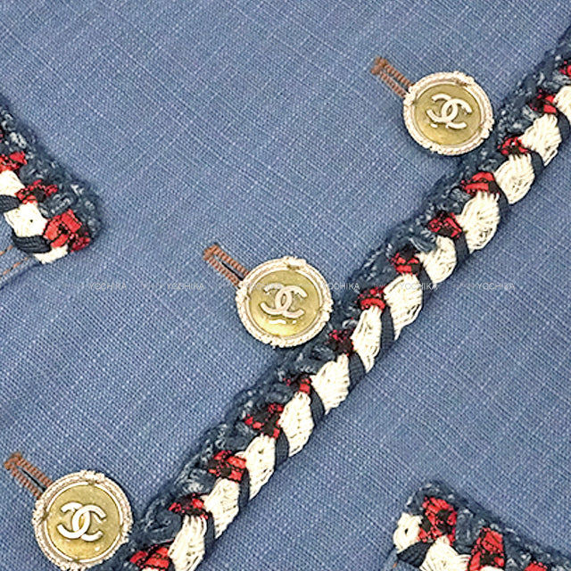 [Pre-loved] CHANEL Plainly colored jacket Denim with Coco Mark buttons and tricolor tweed Blue/Multi color Denim/Cotton 42 P45011[LIKE NEW][Authentic]