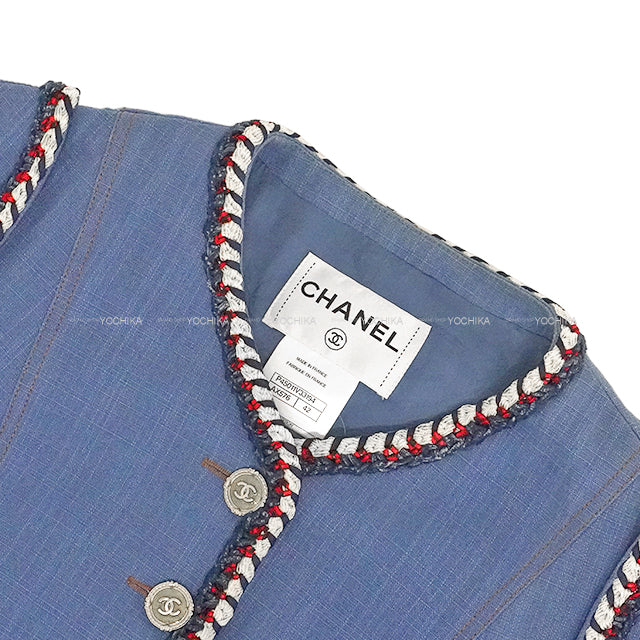 [Pre-loved] CHANEL Plainly colored jacket Denim with Coco Mark buttons and tricolor tweed Blue/Multi color Denim/Cotton 42 P45011[LIKE NEW][Authentic]