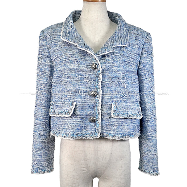 [Pre-loved] 2015 CHANEL Tailored jacket Tweed with stand-up collar and Coco buttons Skyblue/White Polyester/Rayon/Cotton 44 P50997[LIKE NEW][Authentic]