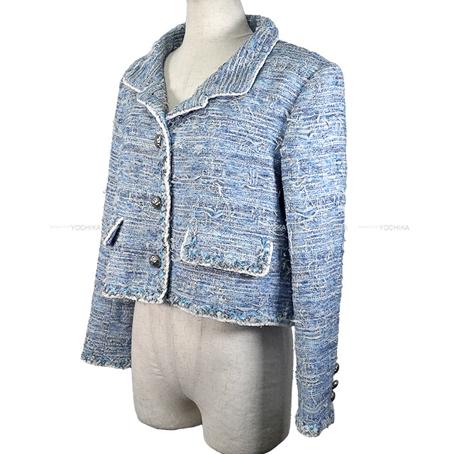 [Pre-loved] 2015 CHANEL Tailored jacket Tweed with stand-up collar and Coco buttons Skyblue/White Polyester/Rayon/Cotton 44 P50997[LIKE NEW][Authentic]