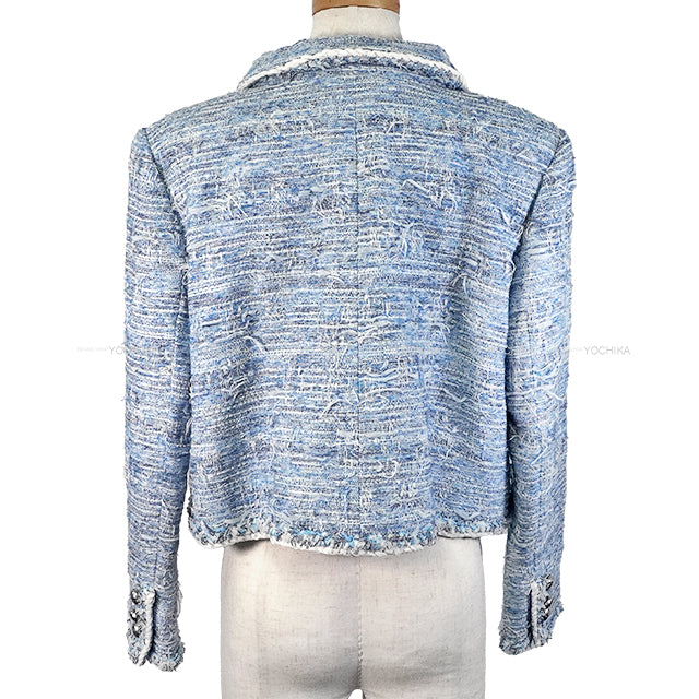 [Pre-loved] 2015 CHANEL Tailored jacket Tweed with stand-up collar and Coco buttons Skyblue/White Polyester/Rayon/Cotton 44 P50997[LIKE NEW][Authentic]