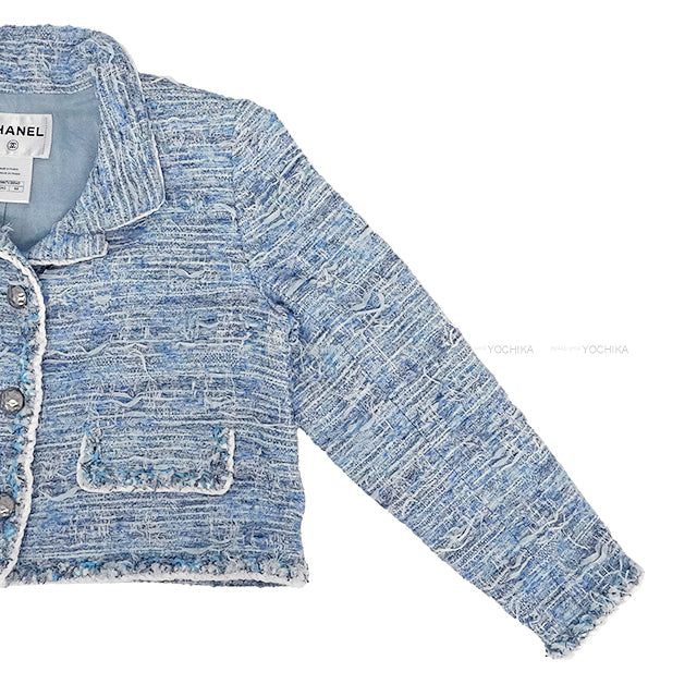 [Pre-loved] 2015 CHANEL Tailored jacket Tweed with stand-up collar and Coco buttons Skyblue/White Polyester/Rayon/Cotton 44 P50997[LIKE NEW][Authentic]
