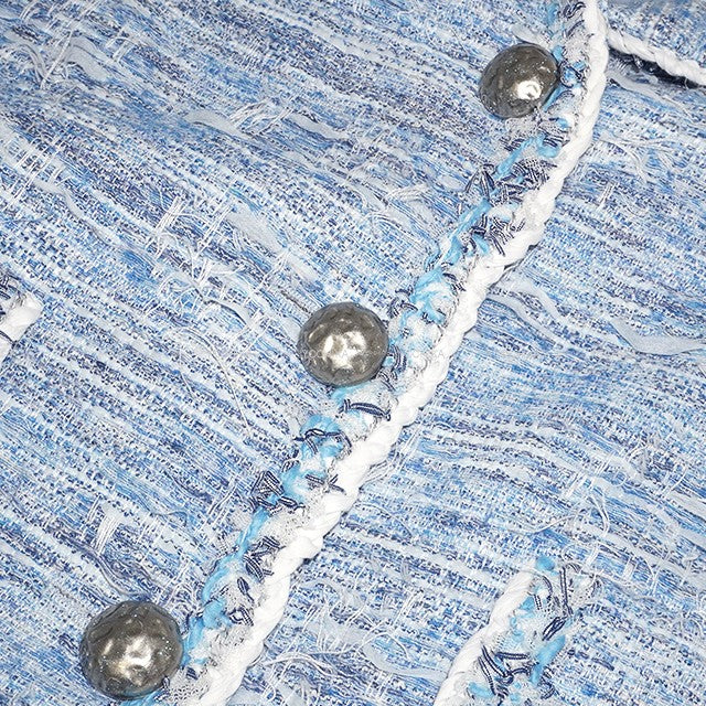 [Pre-loved] 2015 CHANEL Tailored jacket Tweed with stand-up collar and Coco buttons Skyblue/White Polyester/Rayon/Cotton 44 P50997[LIKE NEW][Authentic]