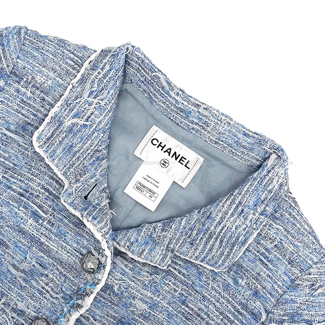 [Pre-loved] 2015 CHANEL Tailored jacket Tweed with stand-up collar and Coco buttons Skyblue/White Polyester/Rayon/Cotton 44 P50997[LIKE NEW][Authentic]