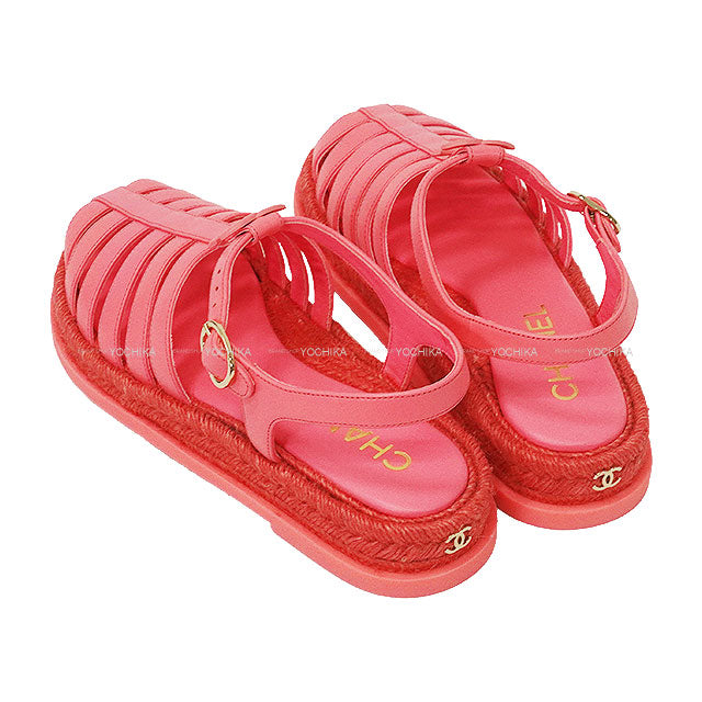 2024 Cruise CHANEL sandals Gladiator Coco Mark EspadrillesCoral Lambskin 39 Champagne Gold HW G45425[EXCELLENT][Authentic]