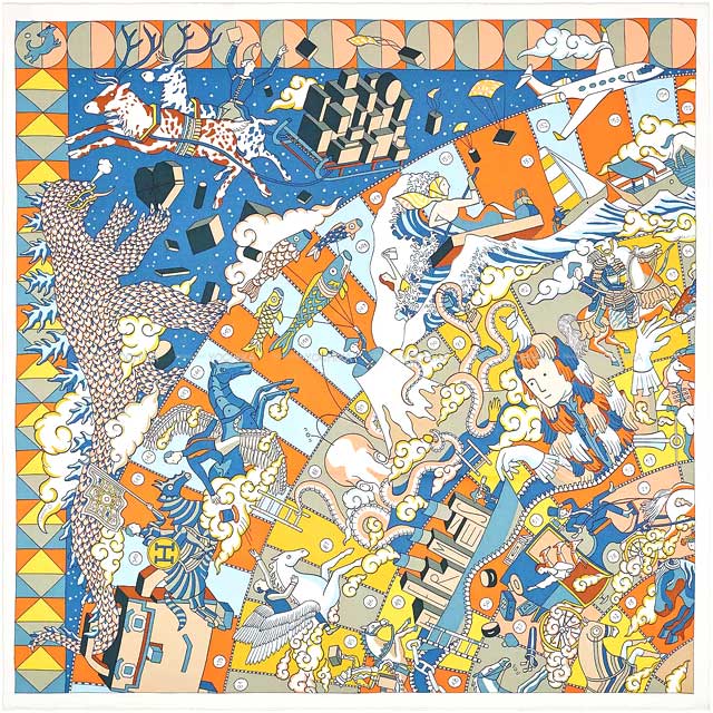 2021AW HERMES scarf Carre 70 L'EPOPEE D'HERMES DETAIL Blanc (White)/Potiron/Multicolor Silk100%[EXCELLENT][Authentic]