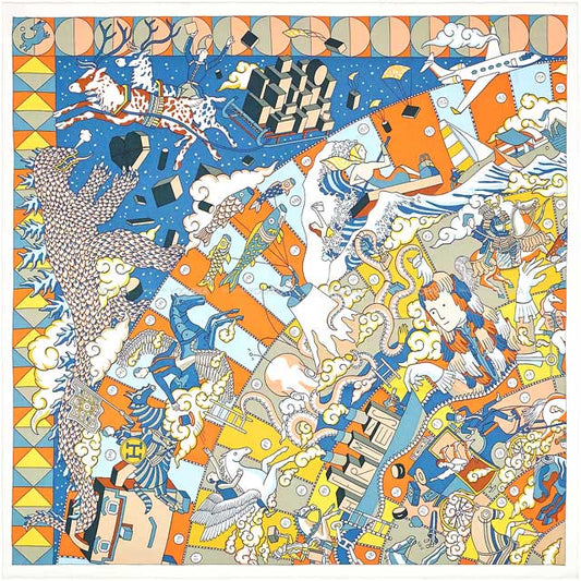 2021AW HERMES scarf Carre 70 L'EPOPEE D'HERMES DETAIL Blanc (White)/Potiron/Multicolor Silk100%[EXCELLENT][Authentic]