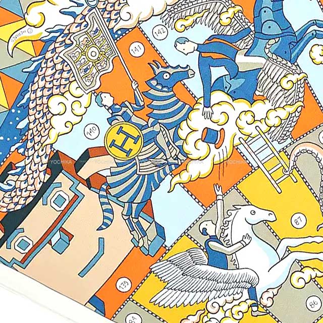 2021AW HERMES scarf Carre 70 L'EPOPEE D'HERMES DETAIL Blanc (White)/Potiron/Multicolor Silk100%[EXCELLENT][Authentic]