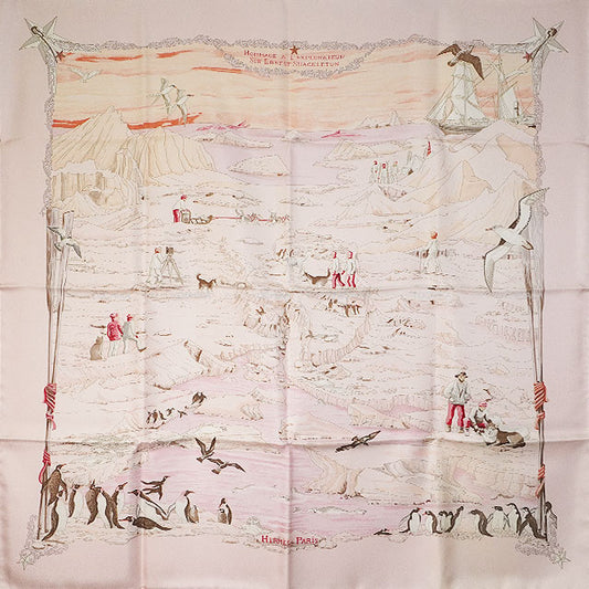 2005 HERMES scarf Carre 90 Hommage l'explorateur Sir Shackleton Soldes Pink Silk100%[EXCELLENT][Authentic]