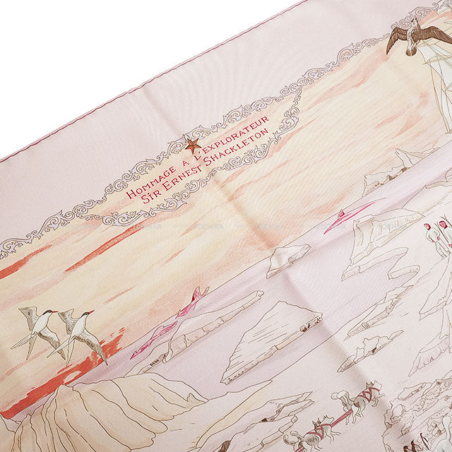 2005 HERMES scarf Carre 90 Hommage l'explorateur Sir Shackleton Soldes Pink Silk100%[EXCELLENT][Authentic]