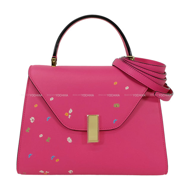 Valextra Handbag Izzide Midium Flower Print Babypink Soft Calfskin Champagne Gold HW N440431[EXCELLENT][Authentic]