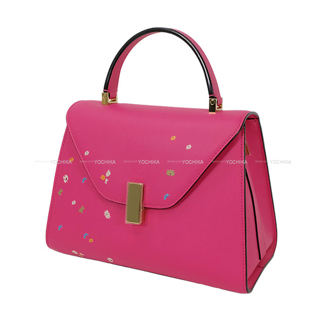 Valextra Handbag Izzide Midium Flower Print Babypink Soft Calfskin Champagne Gold HW N440431[EXCELLENT][Authentic]