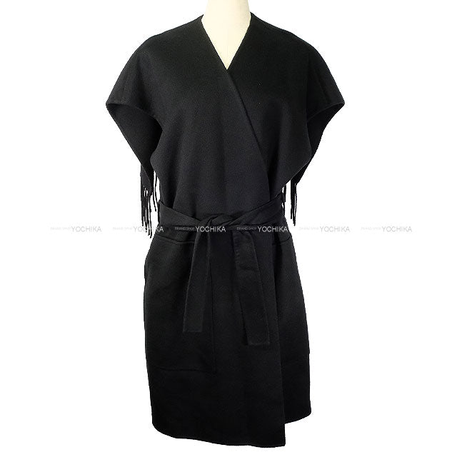 HERMES Vests Long Gillet vest with fringe belt Noir (Black) Cashmere100% #38[EXCELLENT][Authentic]